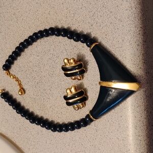 Monet earrings and necklace set, black and gold tone.